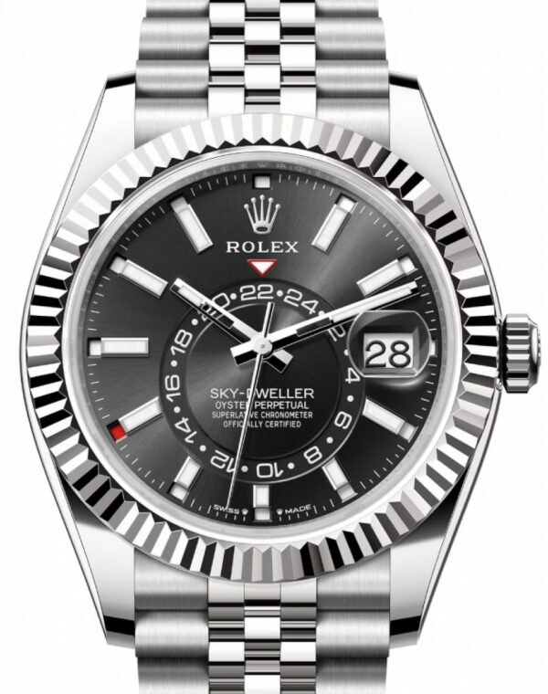 Rolex Sky Dweller Black Dial 18K White Gold Bezel Steel Jubilee Men's Watch 326934