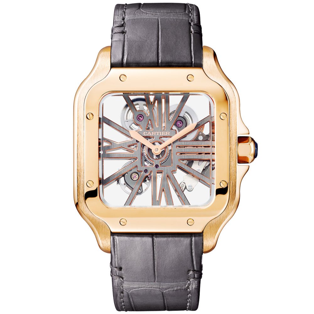 Santos de Cartier Large 18ct Rose Gold Skeleton Dial Strap Watch