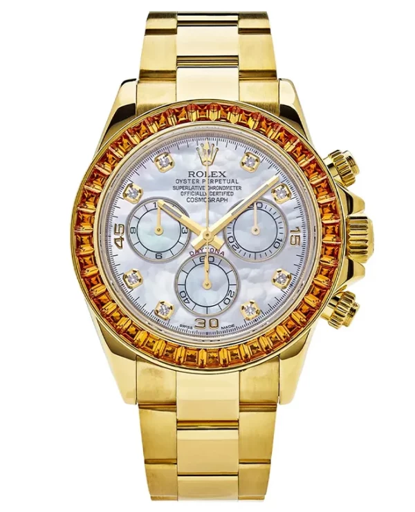 Rolex Daytona Yellow Gold Orange Sapphire Bezel MOP 116578SACO